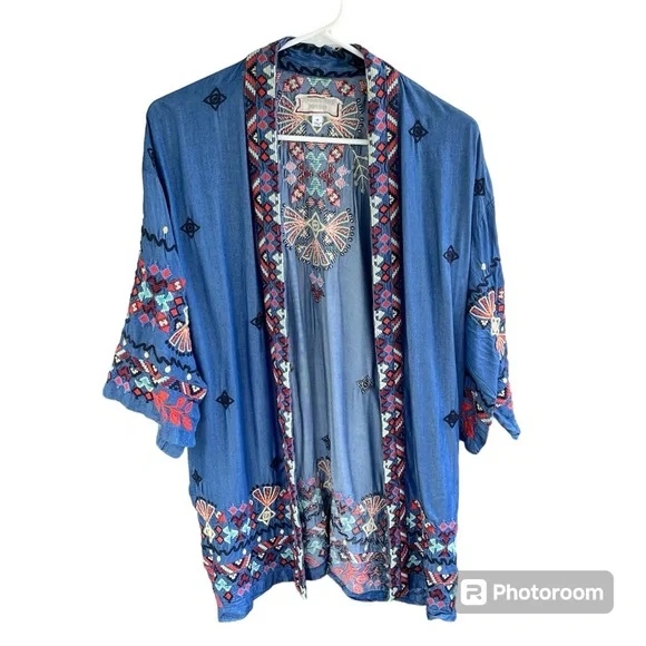 Johnny Was Mareen Kimono XS – Chambray Embroidered Boho Cardigan - Picture 3 of 14